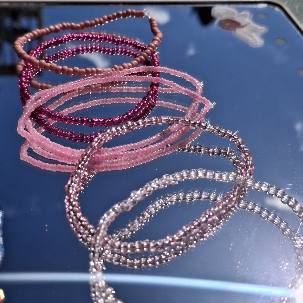 Pink Beaded Coil Bracelet Set for Women - Multi-Tone Pink Stack